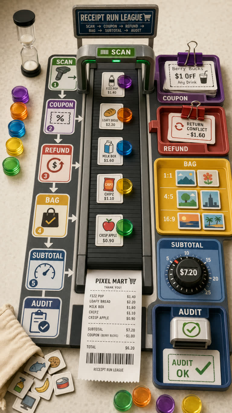 Derived Play: Receipt Run League. Topics: Bag Format Tray, Coupon Veto, Game Design, Receipt Audit Gate, Refund Conflict Detail, Scan Line Item, Storytelling, Subtotal Dial.