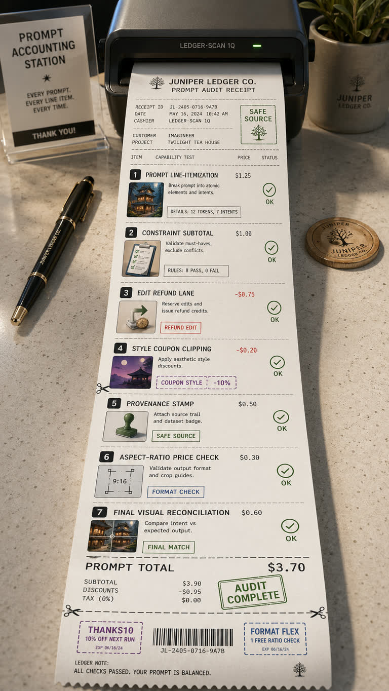 Use Case Receipt: Prompt Accounting. Topics: Aspect Ratio Price Check, Constraint Subtotal, Edit Refund Lane, Prompt Line Itemization, Provenance Stamp, Style Coupon Clipping, UI Mockup, Visual Reconciliation.