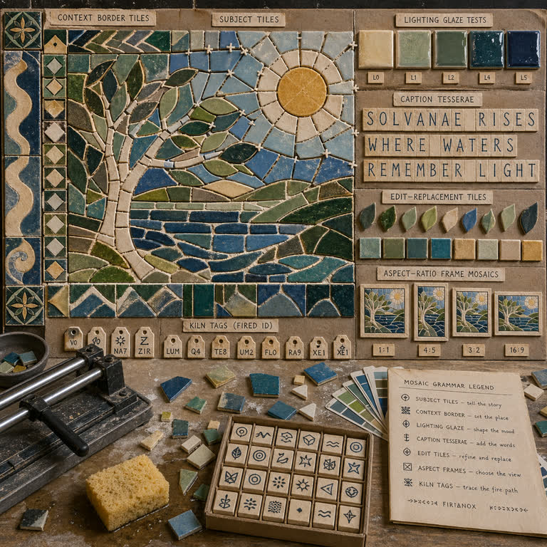 Use Case Kiln: Mosaic Prompt Grammar. Topics: Aspect Frame Mosaics, Caption Tesserae, Context Border Tiles, Edit Replacement Tiles, Kiln Provenance Tags, Lighting Glaze Tests, Mosaic Prompt Grammar, Subject Tiles.