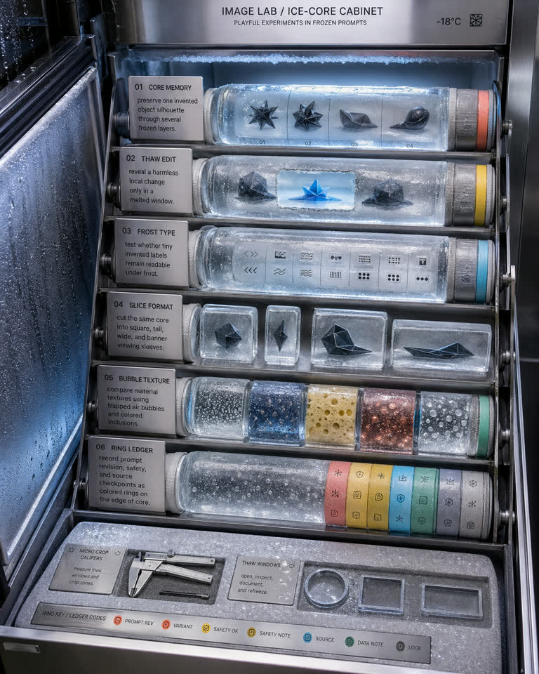 Use Case Freezer: Ice Core Prompt Lab. Topics: Bubble Texture, Core Memory, Frost Type, Ice Core Prompt Lab, Ring Ledger, Slice Format, Thaw Edit, Typography.