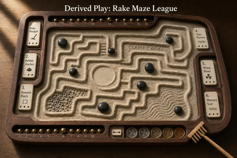 Derived Play: Rake Maze League. Topics: Memory Scar, Pebble Anchor, Product Mockup, Rake Budget, Rake Maze League, Smooth Patch, Text Furrow, Wind Reset.