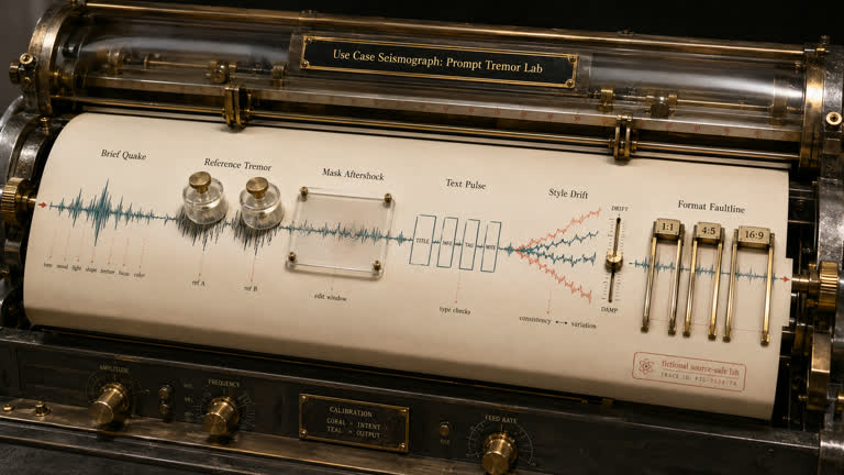 Use Case Seismograph: Prompt Tremor Lab. Topics: Brief Quake, Format Faultline, Mask Aftershock, Product Mockup, Prompt Tremor Lab, Reference Tremor, Style Drift, Text Pulse.