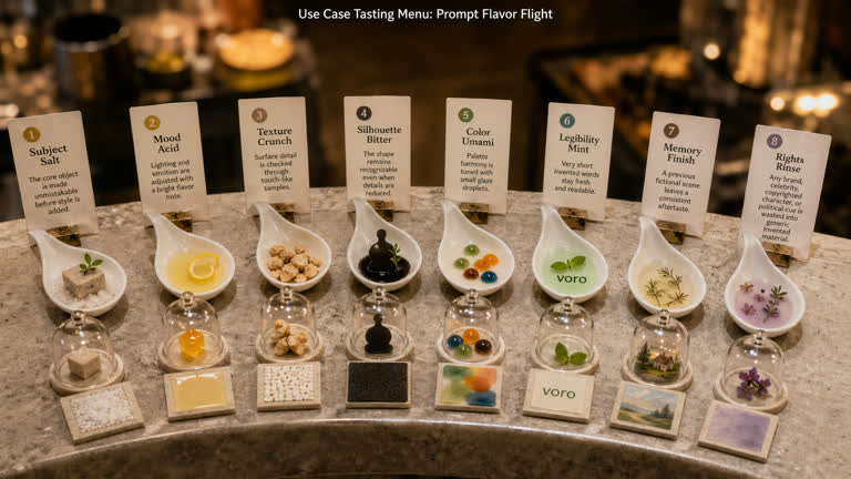 Use Case Tasting Menu: Prompt Flavor Flight. Topics: Color Umami, Legibility Mint, Memory Finish, Mood Acid, Prompt Flavor Flight, Silhouette Bitter, Subject Salt, Texture Crunch.