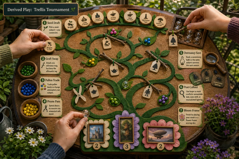 Derived Play: Trellis Tournament. Topics: Bloom Frame, Dormancy Save, Graft Swap, Pest Callout, Pollen Trade, Prune Pass, Seed Draft, Trellis Tournament.