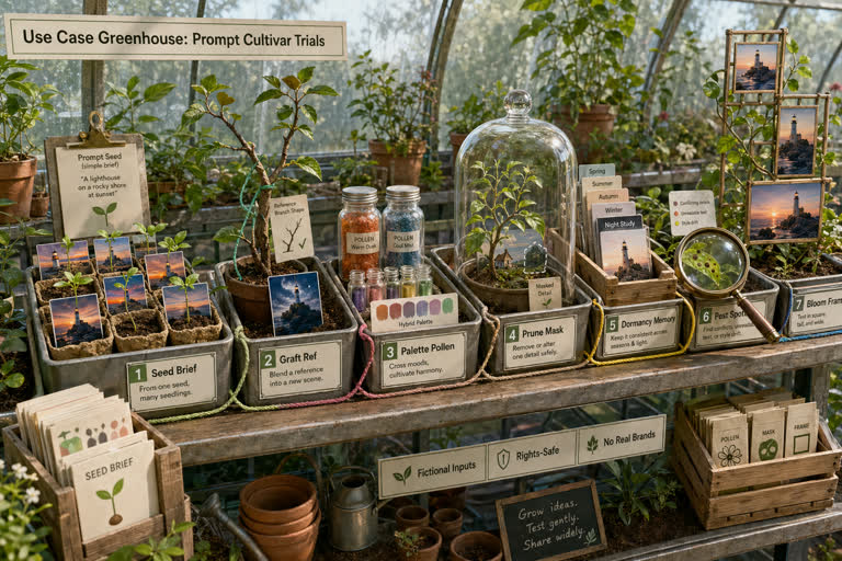 Use Case Greenhouse: Prompt Cultivar Trials. Topics: Bloom Format Frame, Dormancy Memory Crate, Graft Reference Branch, Pest Spotter Loupe, Pollination Palette Net, Prompt Cultivar Trials, Pruning Mask Dome, Seed Brief Tray.