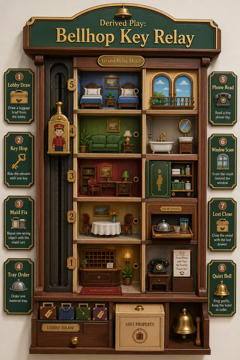 Derived Play: Bellhop Key Relay. Topics: Bellhop Key Relay, Elevator Key Hop, Lobby Luggage Draw, Lost Drawer Close, Maid Cart Fix, Phone Slip Read, Tray Variant Order, Window Frame Score.