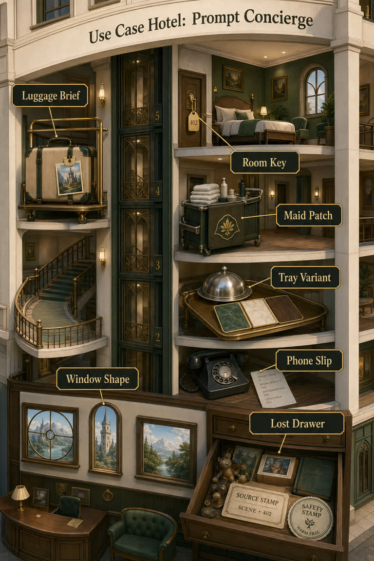 Use Case Hotel: Prompt Concierge. Topics: Identity Room Key, Lost Drawer Stamp, Luggage Brief Tag, Maid Patch Cart, Material Service Tray, Prompt Concierge Hotel, Telephone Letter Slip, Window Shape Check.