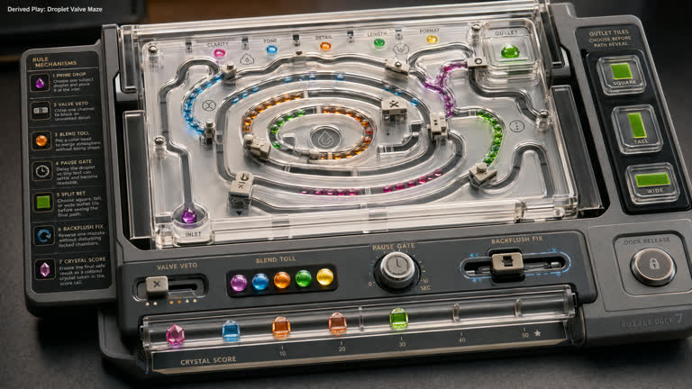 Derived Play: Droplet Valve Maze. Topics: Backflush Fix, Blend Toll, Crystal Score, Droplet Valve Maze, Pause Gate, Prime Drop, Split Bet, Valve Veto.