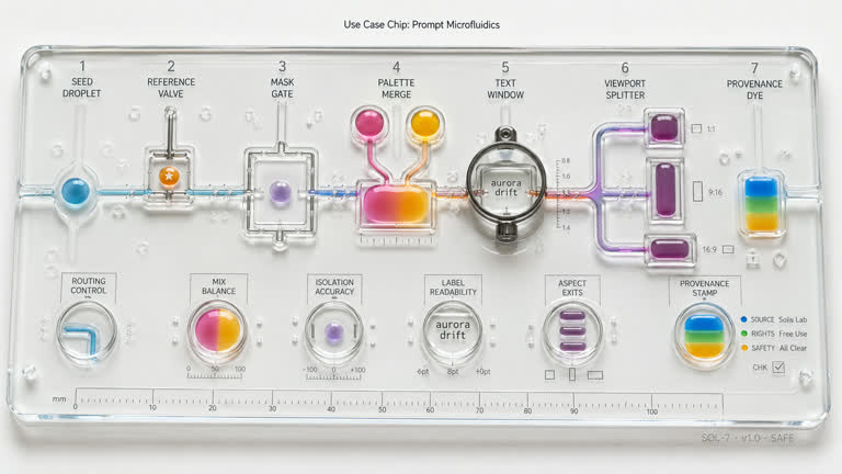 Use Case Chip: Prompt Microfluidics. Topics: Mask Gate, Palette Merge, Prompt Microfluidics, Provenance Dye, Reference Valve, Seed Droplet, Text Window, Viewport Splitter.