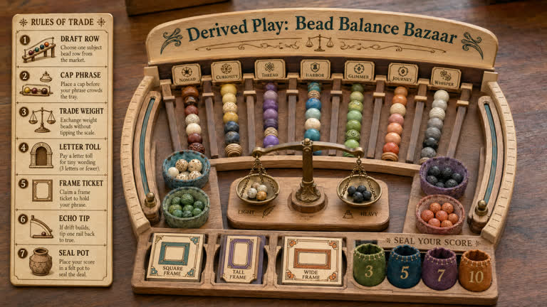 Derived Play: Bead Balance Bazaar. Topics: Bead Balance Bazaar, Cap Phrase, Draft Row, Echo Tip, Frame Ticket, Letter Toll, Seal Pot, Trade Weight.