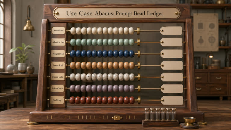 Use Case Abacus: Prompt Bead Ledger. Topics: Adjective Cap, Echo Check, Frame Gate, Letter Rail, Noun Row, Prompt Bead Ledger, Seal Cup, Weight Bead.