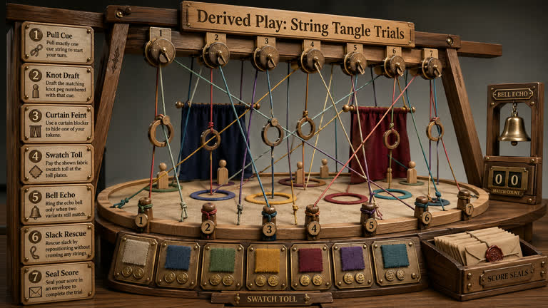 Derived Play: String Tangle Trials. Topics: Bell Echo, Curtain Feint, Knot Draft, Pull Cue, Seal Score, Slack Rescue, String Tangle Trials, Swatch Toll.