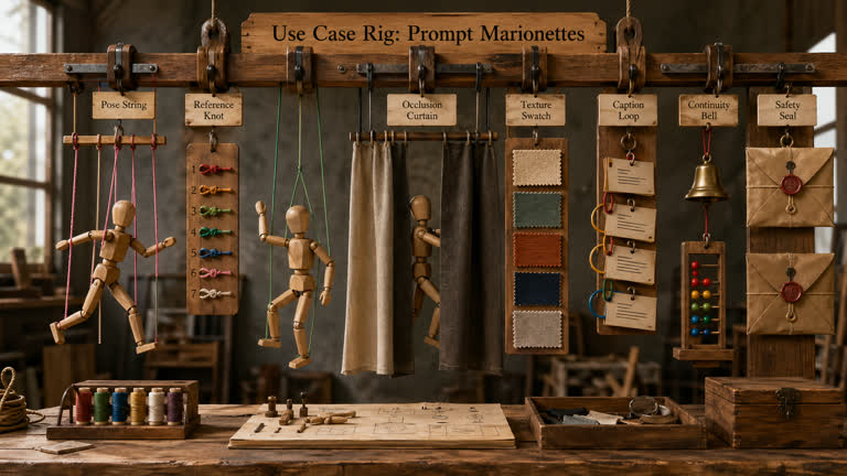 Use Case Rig: Prompt Marionettes. Topics: Caption Loop, Continuity Bell, Occlusion Curtain, Pose String, Prompt Marionettes, Reference Knot, Safety Seal, Texture Swatch.