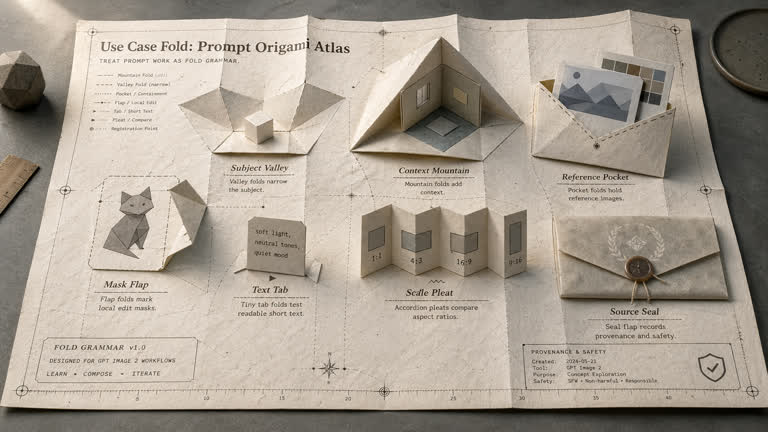 Use Case Fold: Prompt Origami Atlas. Topics: Context Mountain, Mask Flap, Prompt Origami Atlas, Reference Pocket, Scale Pleat, Source Seal, Subject Valley, Text Tab.