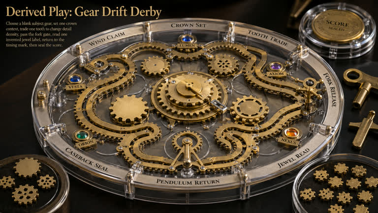 Derived Play: Gear Drift Derby. Topics: Caseback Seal, Crown Set, Fork Release, Gear Drift Derby, Jewel Read, Pendulum Return, Tooth Trade, Wind Claim.