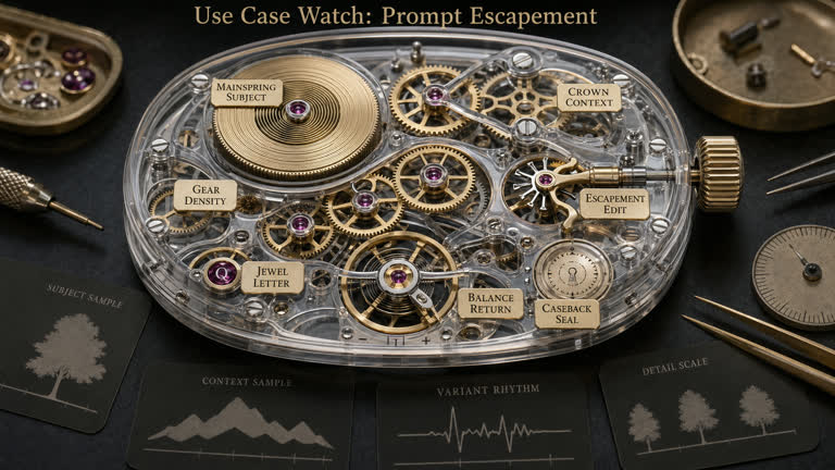 Use Case Watch: Prompt Escapement. Topics: Balance Return, Caseback Seal, Crown Context, Escapement Edit, Gear Density, Jewel Letter, Mainspring Subject, Prompt Escapement Watch.