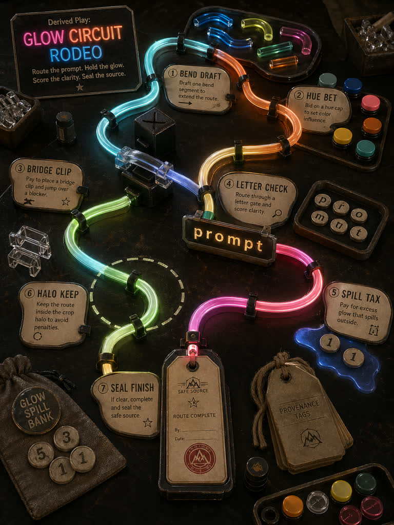 Derived Play: Glow Circuit Rodeo. Topics: Bend Draft, Bridge Clip, Glow Circuit Rodeo, Halo Keep, Hue Bet, Letter Check, Seal Finish, Spill Tax.
