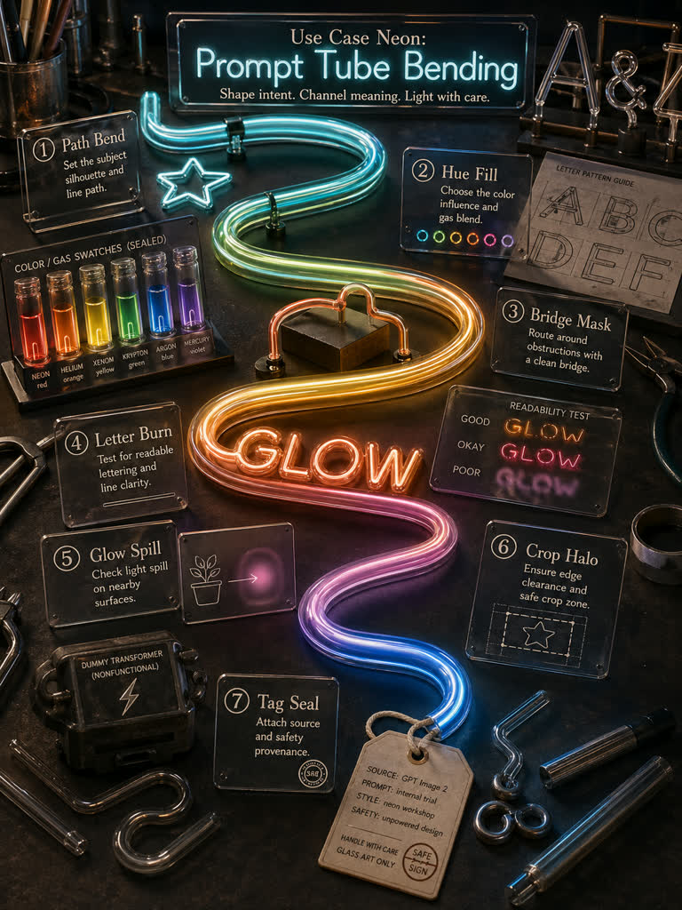 Use Case Neon: Prompt Tube Bending. Topics: Bridge Mask, Crop Halo, Glow Spill, Hue Fill, Letter Burn, Path Bend, Prompt Tube Bending, Tag Seal.