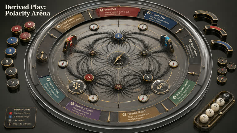 Derived Play: Polarity Arena. Topics: Attractor Bend, Frame Ring, Memory Trace, Needle Read, Polarity Arena, Polarity Flip, Repel Token, Seed Pull.