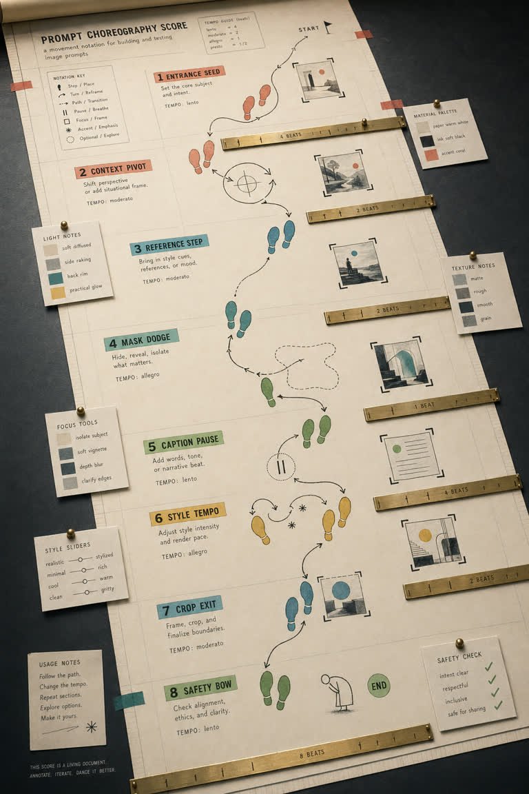 Use Case Score: Prompt Choreography. Topics: Caption Pause, Context Pivot, Crop Exit, Entrance Seed, Mask Dodge, Prompt Choreography Score, Reference Step, Style Tempo.