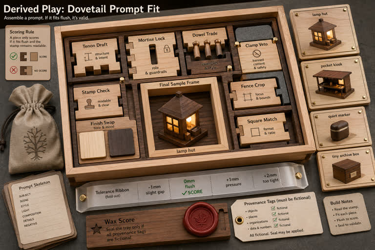 Derived Play: Dovetail Prompt Fit. Topics: Clamp Veto, Dovetail Prompt Fit, Dowel Trade, Fence Crop, Finish Swap, Mortise Lock, Stamp Check, Tenon Draft.