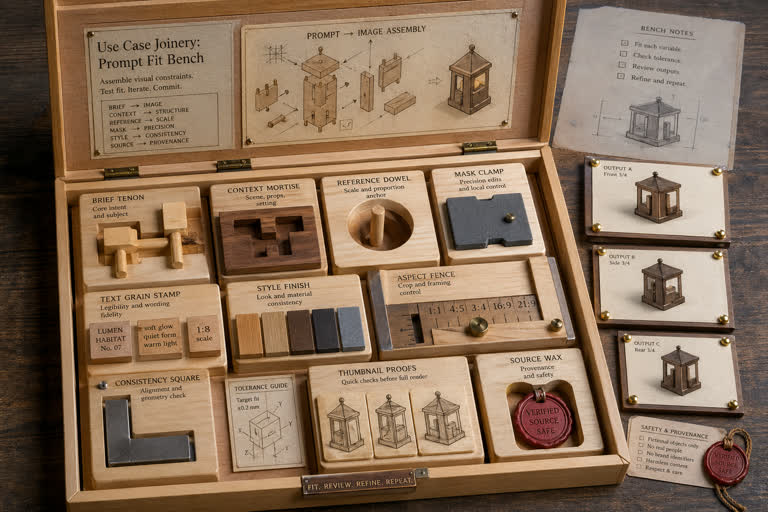 Use Case Joinery: Prompt Fit Bench. Topics: Aspect Fence, Brief Tenon, Context Mortise, Mask Clamp, Prompt Fit Bench, Reference Dowel, Style Finish, Text Grain Stamp.