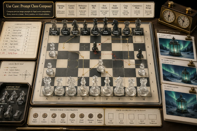 Use Case: Prompt Chess Composer. Topics: Context Castle, Crop File, Mask Pin, Opening Brief, Prompt Chess Composer, Reference Knight, Style Gambit, Text Check.