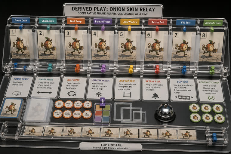 Derived Play: Onion Skin Relay. Topics: Beat Swap, Crop Window, Flip Test, Frame Draft, Ghost Align, Onion Skin Relay, Palette Freeze, Retake Bell.