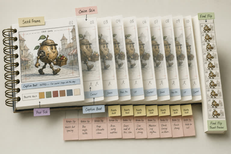 Use Case Flipbook: Continuity Animator. Topics: Caption Beat, Crop Gate, Onion Skin, Palette Hold, Pose Tick, Prompt Flipbook Continuity Animator, Retake Slip, Seed Frame.