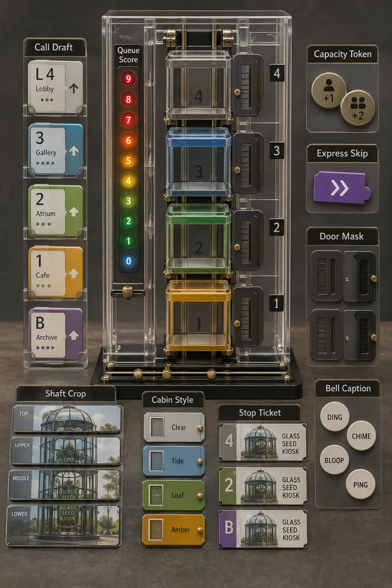 Derived Play: Lift Queue Draft. Topics: Bell Caption, Cabin Style, Call Draft, Capacity Token, Door Mask, Express Skip, Lift Queue Draft, Shaft Crop.