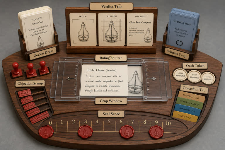 Derived Play: Objection Draft. Topics: Docket Draw, Oath Token, Objection Draft, Objection Stamp, Precedent Tab, Ruling Shutter, Verdict Trio, Witness Swap.