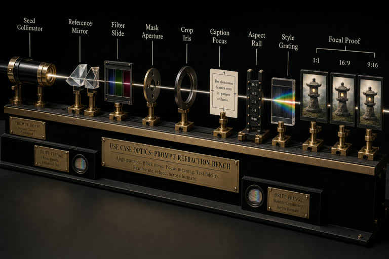 Use Case Optics: Prompt Refraction Bench. Topics: Aspect Rail, Caption Focus, Crop Iris, Filter Slide, Mask Aperture, Prompt Refraction Bench, Reference Mirror, Seed Collimator.