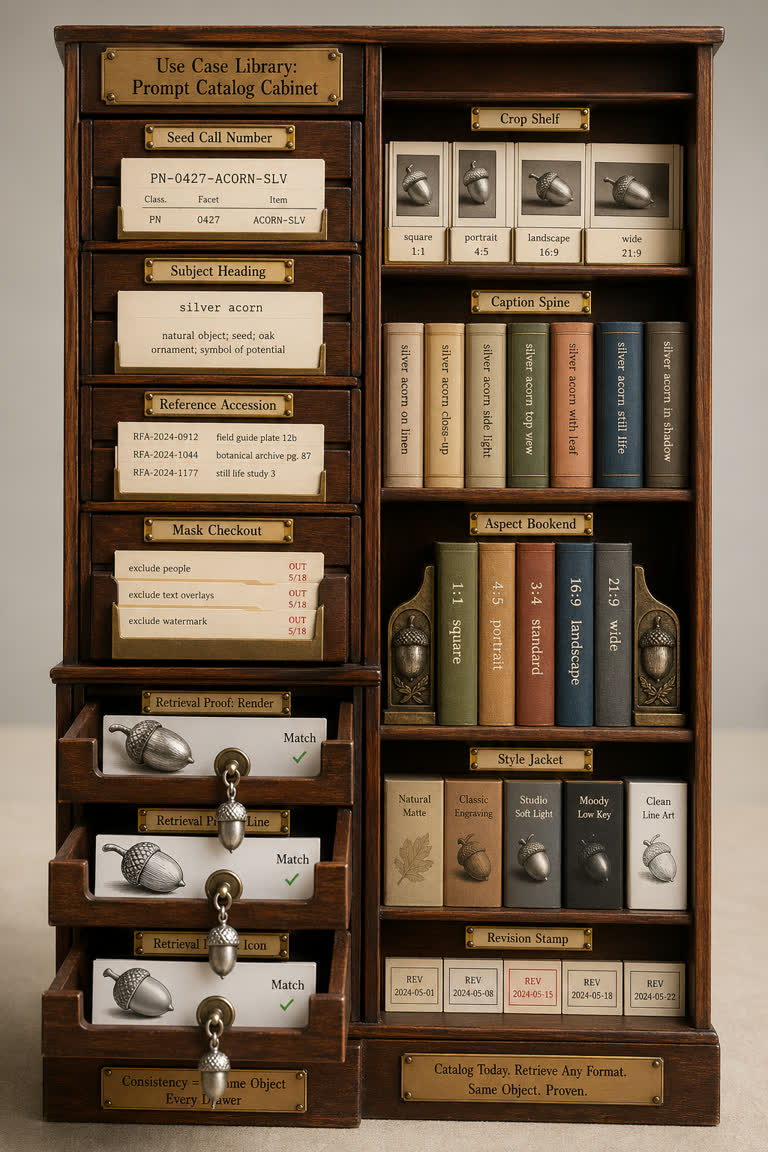 Use Case Library: Prompt Catalog Cabinet. Topics: Aspect Bookend, Caption Spine, Crop Shelf, Mask Checkout, Prompt Catalog Cabinet, Reference Accession, Seed Call Number, Subject Heading.
