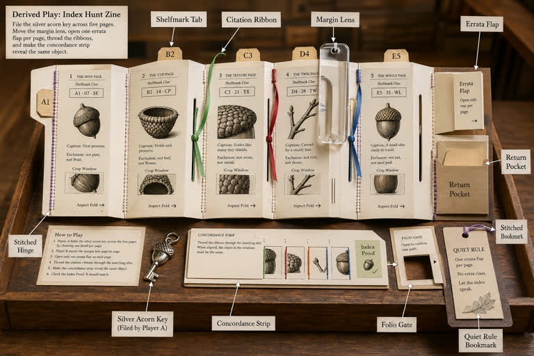 Derived Play: Index Hunt Zine. Topics: Citation Ribbon, Concordance Strip, Errata Flap, Folio Gate, Index Hunt Zine, Margin Lens, Return Pocket, Shelfmark Tab.