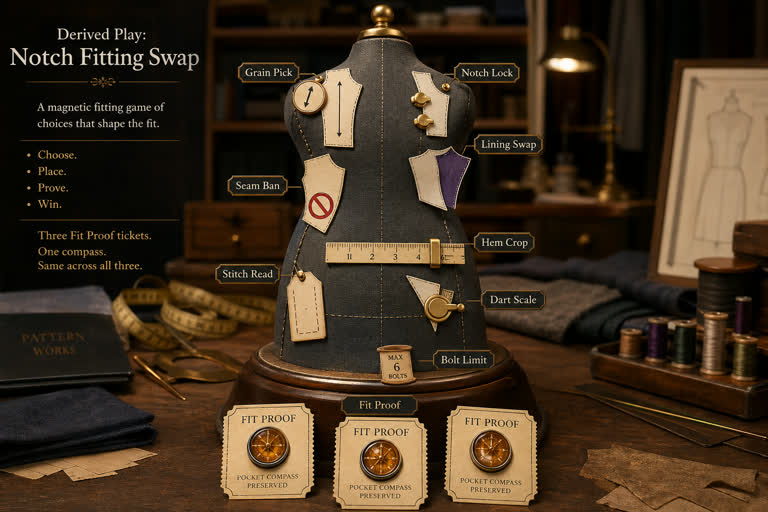 Derived Play: Notch Fitting Swap. Topics: Dart Scale, Grain Pick, Hem Crop, Lining Swap, Notch Fitting Swap, Notch Lock, Seam Ban, Stitch Read.