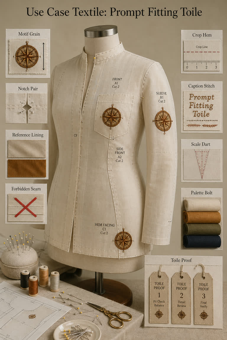 Use Case Textile: Prompt Fitting Toile. Topics: Caption Stitch, Crop Hem, Forbidden Seam, Motif Grain, Notch Pair, Prompt Fitting Toile, Reference Lining, Scale Dart.