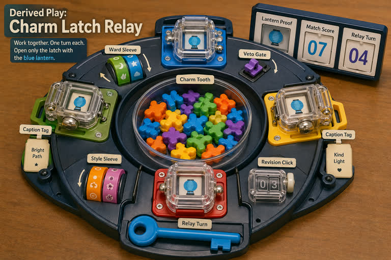 Derived Play: Charm Latch Relay. Topics: Caption Tag, Charm Latch Relay, Charm Tooth, Relay Turn, Revision Click, Style Sleeve, Veto Gate, Ward Sleeve.
