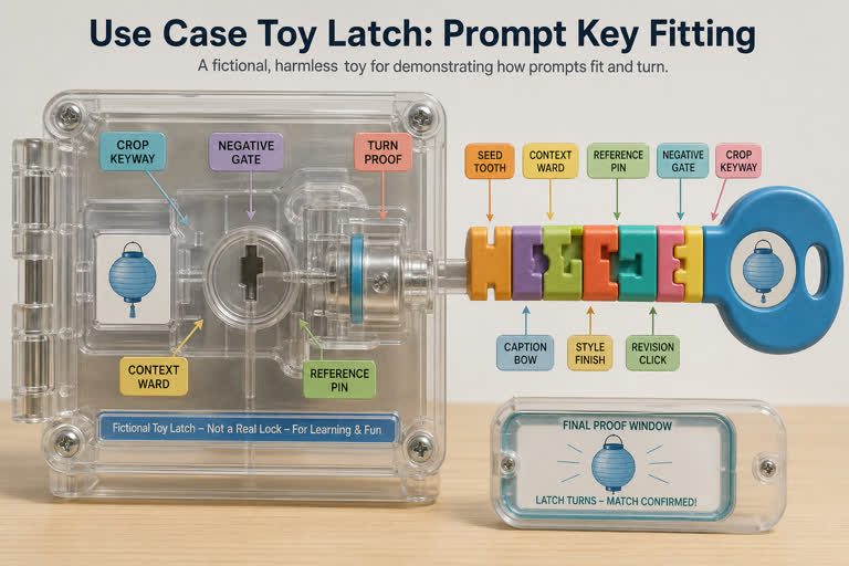 Use Case Toy Latch: Prompt Key Fitting. Topics: Caption Bow, Context Ward, Crop Keyway, Negative Gate, Prompt Key Fitting, Reference Pin, Seed Tooth, Toy Latch.