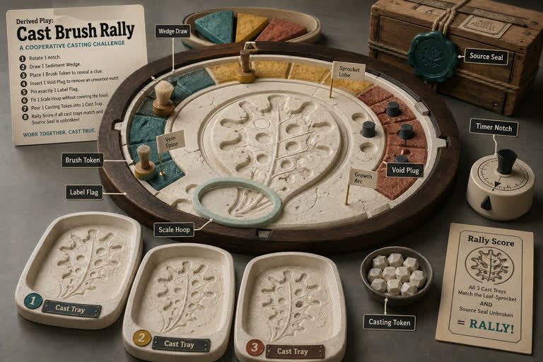 Derived Play: Cast Brush Rally. Topics: Brush Token, Cast Brush Rally, Cast Tray, Label Flag, Scale Hoop, Timer Notch, Void Plug, Wedge Draw.