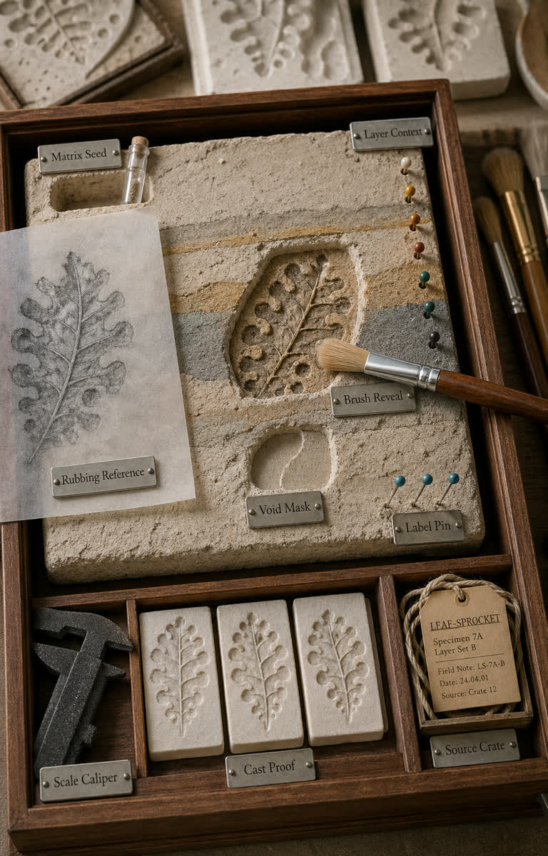 Use Case Fossil: Prompt Excavation Block. Topics: Brush Reveal, Label Pin, Layer Context, Matrix Seed, Prompt Excavation Block, Rubbing Reference, Scale Caliper, Void Mask.