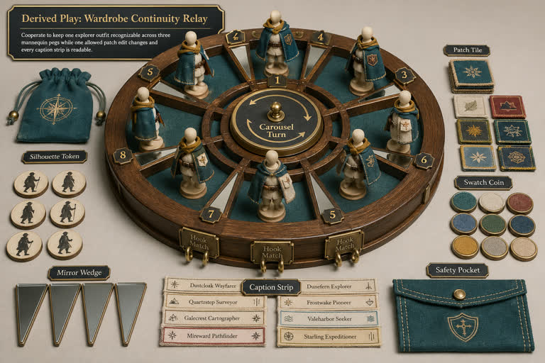 Derived Play: Wardrobe Continuity Relay. Topics: Caption Strip, Carousel Turn, Hook Match, Mirror Wedge, Patch Tile, Silhouette Token, Swatch Coin, Wardrobe Continuity Relay.