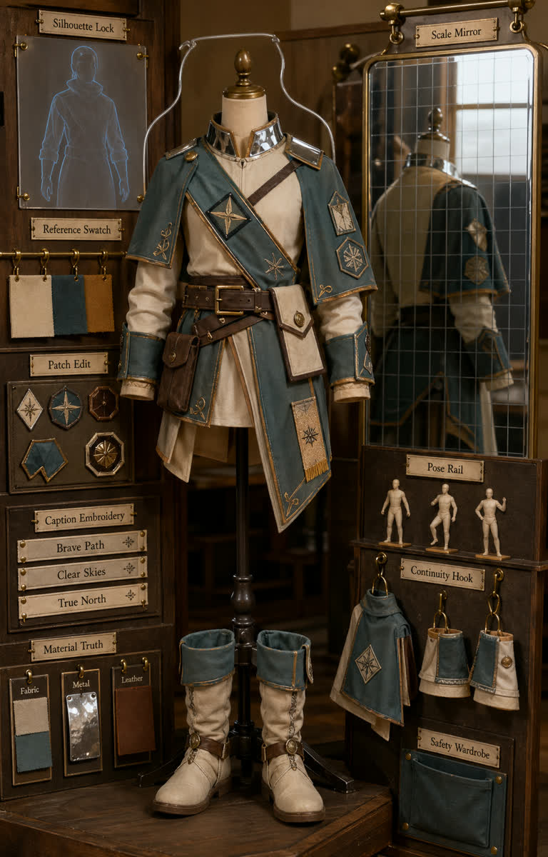 Use Case Costume: Prompt Wardrobe Check. Topics: Caption Embroidery, Material Truth, Patch Edit, Pose Rail, Prompt Wardrobe Check, Reference Swatch, Scale Mirror, Silhouette Lock.