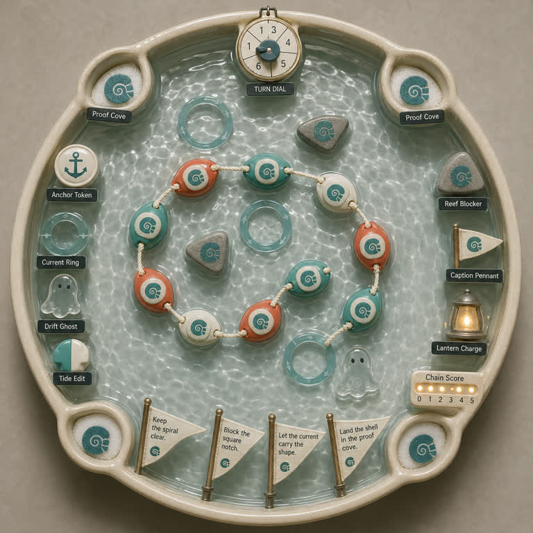 Derived Play: Buoy Chain Regatta. Topics: Anchor Token, Buoy Chain Regatta, Caption Pennant, Current Ring, Drift Ghost, Lantern Charge, Reef Blocker, Tide Edit.