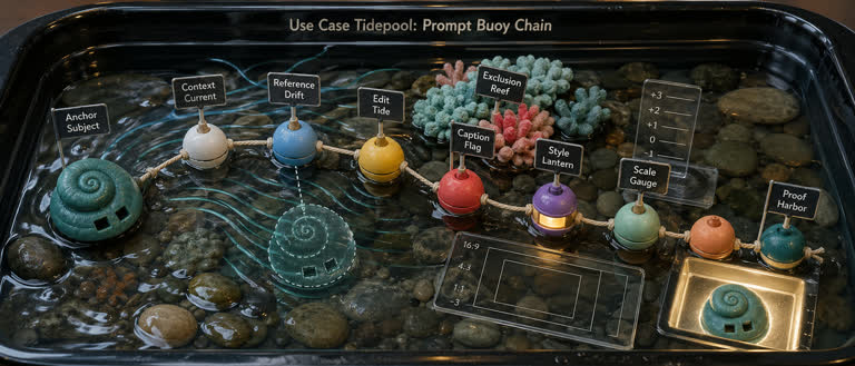Use Case Tidepool: Prompt Buoy Chain. Topics: Anchor Subject, Caption Flag, Context Current, Edit Tide, Exclusion Reef, Prompt Buoy Chain, Reference Drift, Tidepool.