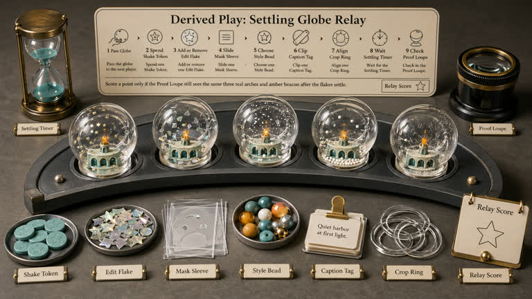 Derived Play: Settling Globe Relay. Topics: Caption Tag, Crop Ring, Edit Flake, Mask Sleeve, Settling Globe Relay, Settling Timer, Shake Token, Style Bead.