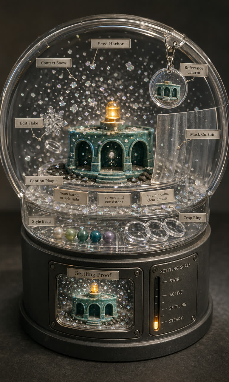 Use Case Snowglobe: Prompt Settling Chamber. Topics: Caption Plaque, Context Snow, Edit Flake, Mask Curtain, Prompt Settling Chamber, Reference Charm, Seed Harbor, Snowglobe.