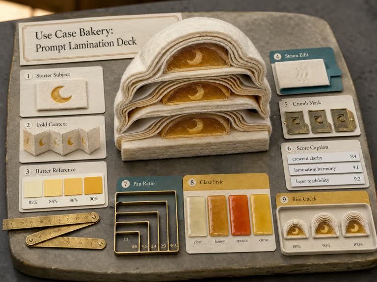 Use Case Bakery: Prompt Lamination Deck. Topics: Bakery, Butter Reference, Crumb Mask, Fold Context, Prompt Lamination Deck, Score Caption, Starter Subject, Steam Edit.
