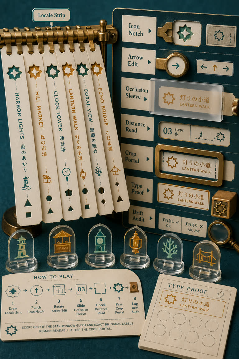 Derived Play: Glyph Ticket Hunt. Topics: Arrow Edit, Crop Portal, Distance Read, Glyph Ticket Hunt, Icon Notch, Locale Strip, Occlusion Sleeve, Type Proof.