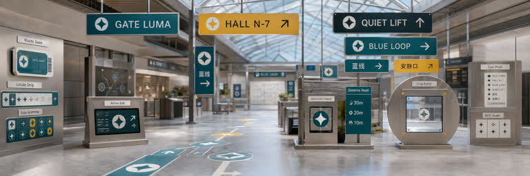 Use Case Wayfinding: Prompt Glyph Concourse. Topics: Arrow Edit, Distance Read, Icon Grammar, Locale Strip, Occlusion Check, Prompt Glyph Concourse, Route Seed, Wayfinding.