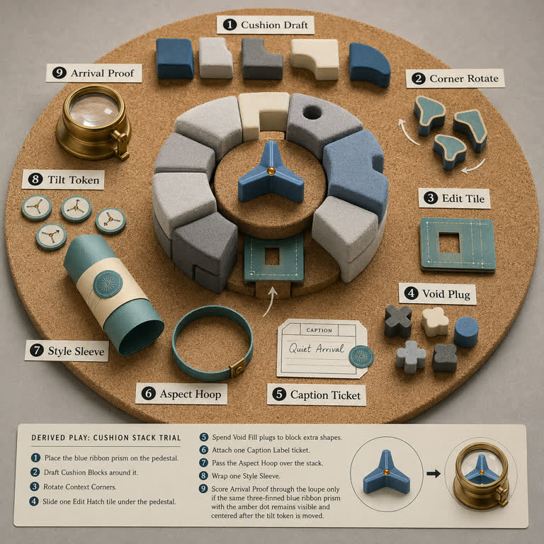 Derived Play: Cushion Stack Trial. Topics: Aspect Hoop, Caption Ticket, Corner Rotate, Cushion Draft, Cushion Stack Trial, Edit Tile, Style Sleeve, Void Plug.